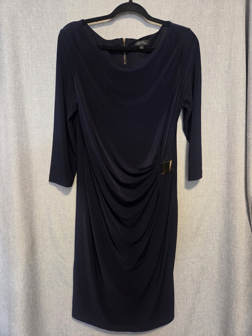 Tahari ASL Navy Draped Sheath Dress with Gold Buckle